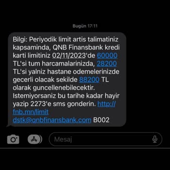 QNB Finansbank Limit Güncellenme SMS'i