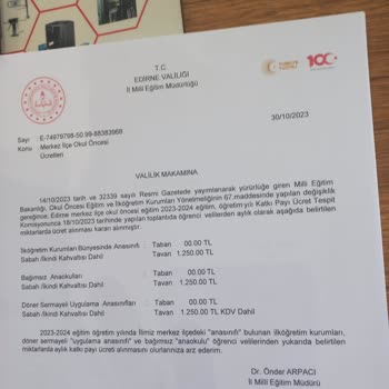 Milli Eğitim Bakanlığı (MEB) Anaokulu Aidat 1250 TL Olamaz