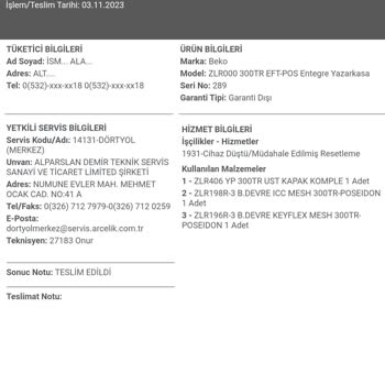 Beko Tamamlanamayan Servis Hizmeti Ücreti