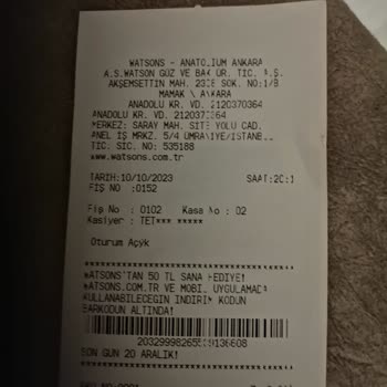 Watsons Hediye Çeki Fişinde Kod Yok