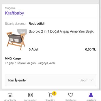 Kraft Baby N11 Anne Yanı Beşik Sipariş İptali