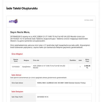 Garaj Online İade Ettiğim Ürünün Parasının Geri Verilmesi