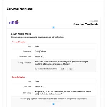 Garaj Online İade Ettiğim Ürünün Parasının Geri Verilmesi