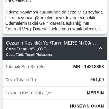 Mersin Vergi Dairesi Başkanlığı Trafik Cezası Ödedim Ama Düşmemiş