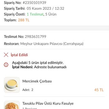 Trendyol Yemek Yemek Sipariş İptali