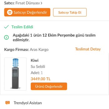 Trendyol'dan Aldığım Su Sebil Tarafıma Ulaşmadı