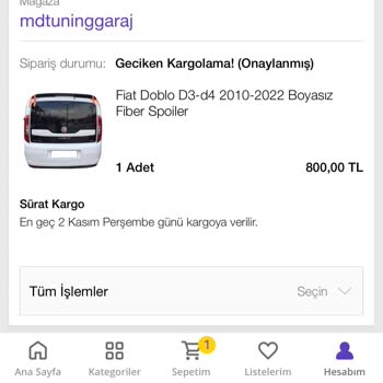 MD Garage Ürünün Kargoya Verilmemesi