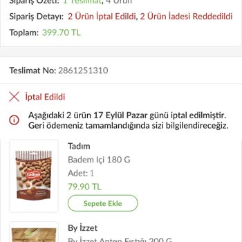 Trendyol Hızlı Market Siparişi İle İlgili İade Problemi