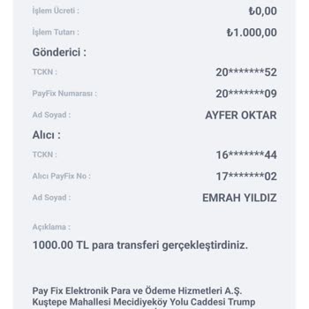 Payfix'ten 1000 TL'nin Çekilmesi