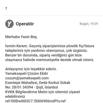 Yemek Sepeti Fiş Fatura Müşteri Hizmetleri