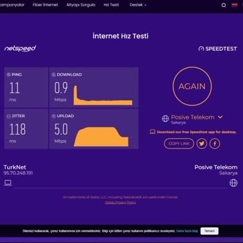 TurkNet İnternet Hızının 7/24 5 Mbps Altında Olması.