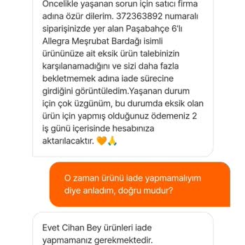Hepsiburada Paşabahçe 6'lı Allegra Meşrubat Bardağı Ürünü İle İlgili Sorun