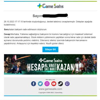 GameSatış Bakiye İadesi Sağlanmaması