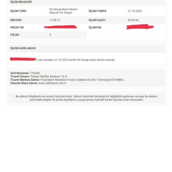 VakıfBank Haksız Yere Kesilen Ek Hesap Basılı Ekstre Masrafı