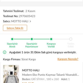 Motto Halı Aldığım Ürün Elime Ulaşmamış Olması