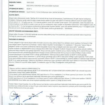 Vodafone Net Tüketici Hakem Heyetinin Kararına Uymuyor