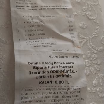Köfteci Yusuf'tan Yemek Sepeti Aracılığıyla Verdiğim Sipariş Eksik
