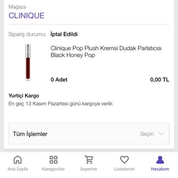 Clinique Türkiye Satın Alım Sonrası Sipariş İptali