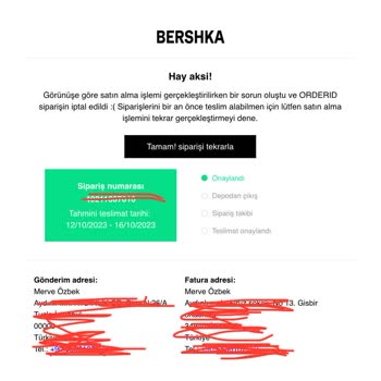 Bershka İptal Edilen Sipariş