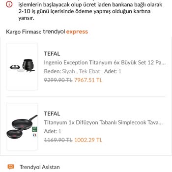 Trendyol- Tefal İndirimli Ürünü Göndermeyip İade İşlemi Yapmıştır