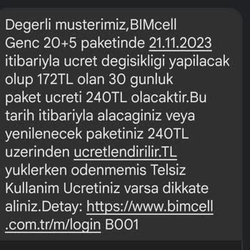 Bimcell Pakette Fazla Fiyat Artırımı