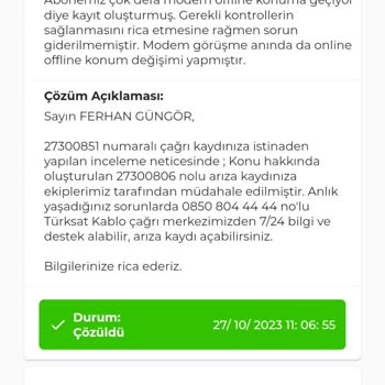 Kablo Net 1 Ay 12 Arıza Kaydı 6 Şikayet 0 Çözüm