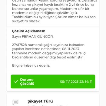 Kablo Net 1 Ay 12 Arıza Kaydı 6 Şikayet 0 Çözüm