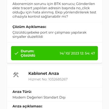 Kablo Net 1 Ay 12 Arıza Kaydı 6 Şikayet 0 Çözüm