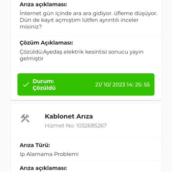 Kablo Net 1 Ay 12 Arıza Kaydı 6 Şikayet 0 Çözüm