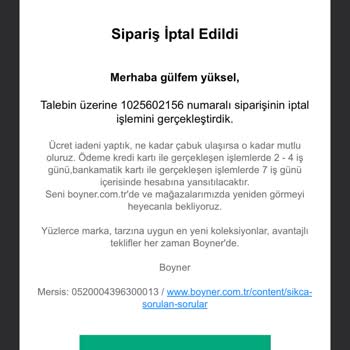 Boyner Siparişim, İptal Etmeme Rağmen İptal Olmamış.