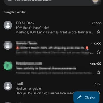 Tom Bank Ve Hadi Uygulamasından Gelen Giriş Mailleri.