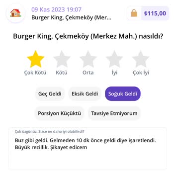 Burger King Soğuk Yemek Ve Gecikme Hayal Kırıklığı