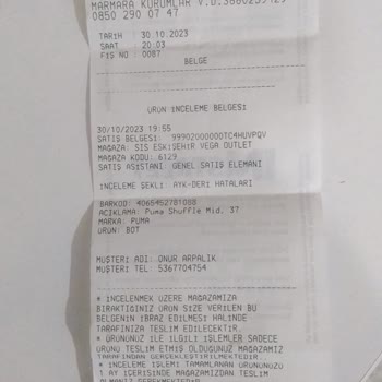 Vega In Street Mağazasına İnceleme İçin Bırakmış Olduğum Ayakkabı Hk