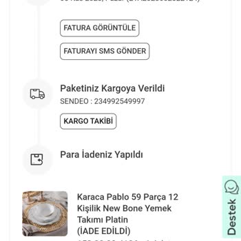 Karaca Züccaciye Sendeo Kargo Habersiz İadesi Sonucu Karaca Tarafından Mağdur Edilmem