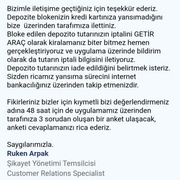 Getir Araç Depozito İadesi Gerçekleşmedi