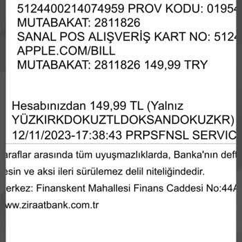 Apple.com/bill Ziraat Kartımdan İzinsiz Para Çekme