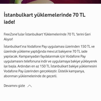 Vodafone Pay İstanbul Kart 70₺ İadem Yapılmadı