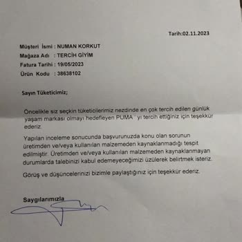 Puma İade Talebi Reddedilmesi.