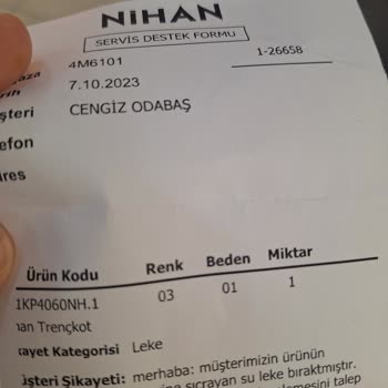 Nihan Mağazacılık Almış Olduğum Ürünün Lekelenmesi Sonucunu Yenisinin Getirilmemesi