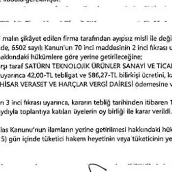 Saturn Hakem Heyeti Olan Ürünüme Çözüm Sunulmaması