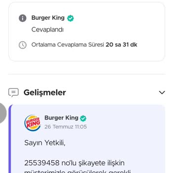 Burger King Tarafından Eksik Gönderilen Menü