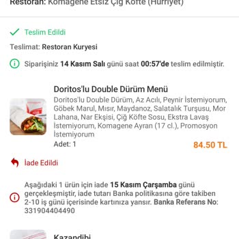 Trendyol Yemek Eksik Ücret İadesi Yapıyor.