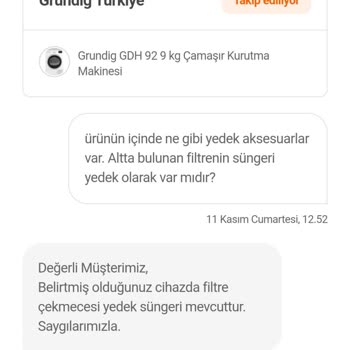 Grundig Çamaşır Kurutma Makinesi Yedek Aksesuarı Teslim Etmiyor