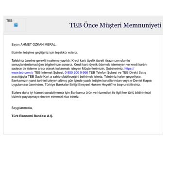 TEB Yıllık Kredi Kartı Ücreti İade Talebimin Olumsuz Karşılanması