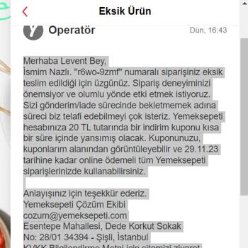 Yemeksepeti Eksik Ürün Teslimi Karşısında Kupon