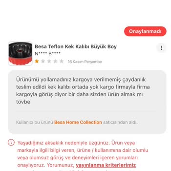 Besa Home Collection Eksik Ürün Teslimatı