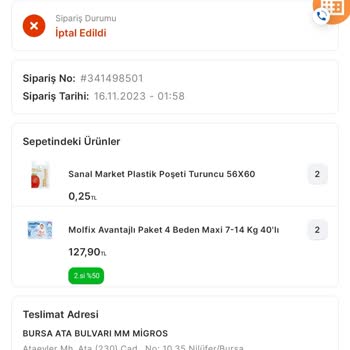 Migros Bildirimsiz Sipariş İptali