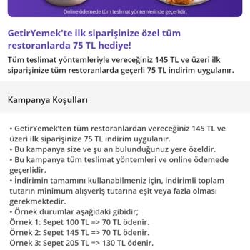 GetirYemek 145 TL Bana 75 TL İndirim Yapılması Gerekirken İndirim Yapılmadı!