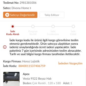 Horoz Lojistik Trendyol'dan Aldığım Halıları İade Edemiyorum