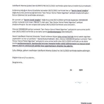 VakıfBank Sarı Panjur Konut Sigortası Poliçe Yenilenmesini İstemiyorum